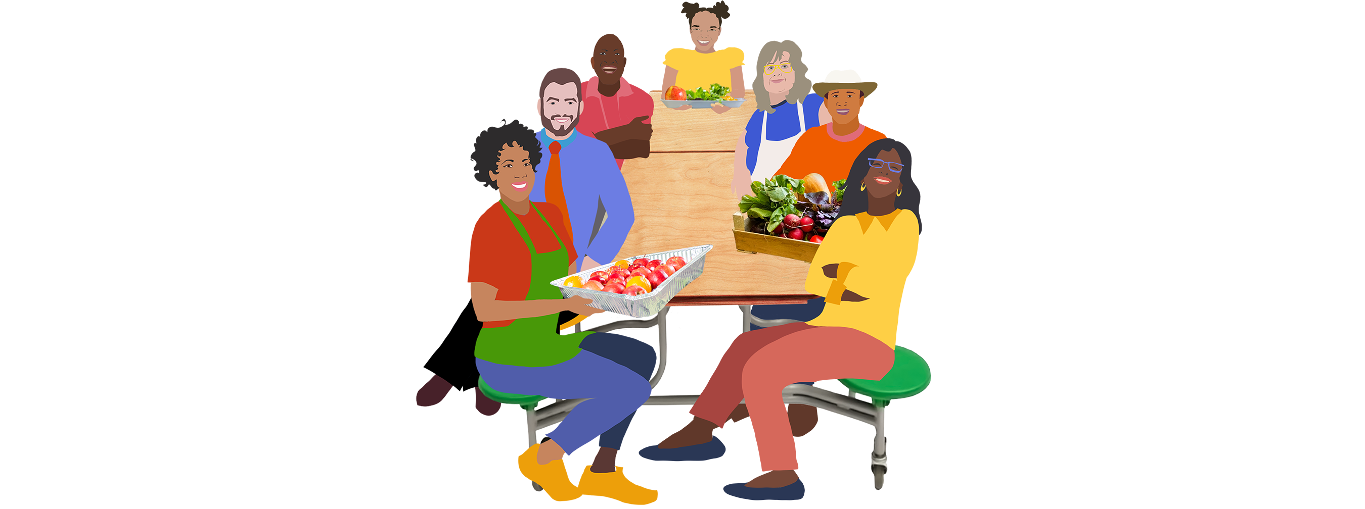 Policymakers, parents, farmers, produce suppliers, school principal, cafeteria manager, and student sitting around a table meeting about a universal values-aligned school meal